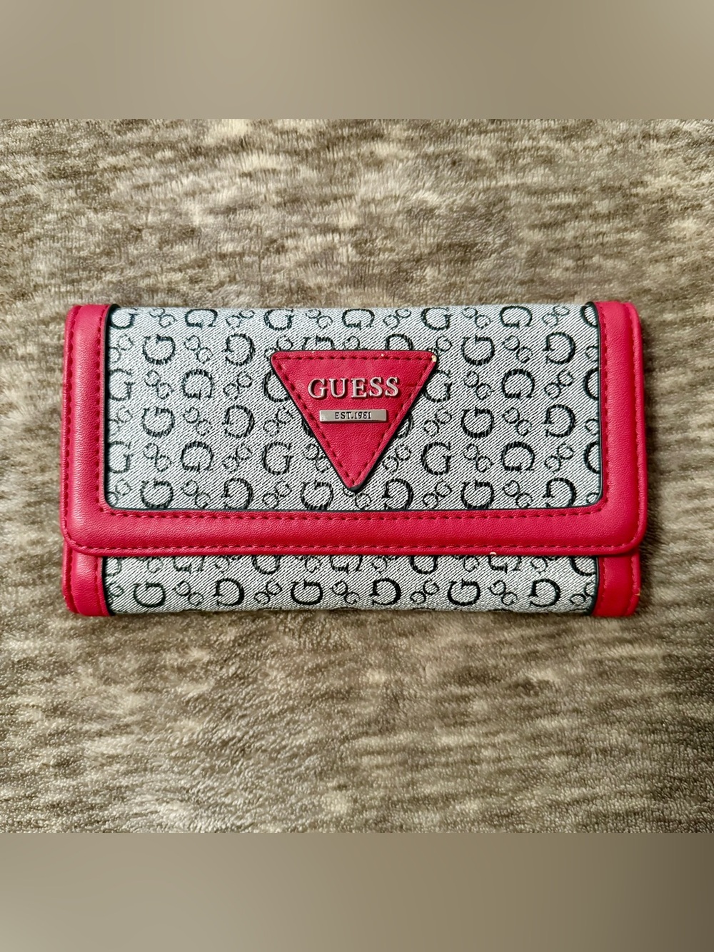 GUESS Red and Grey Trifold Wallet